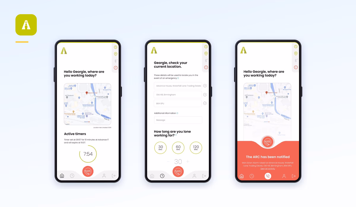 Three screens of the LONEALERT lone worker app.