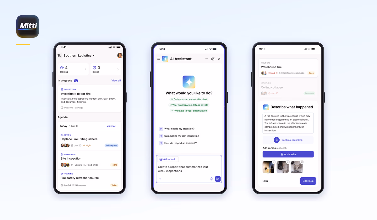 Three screens of the Mitti lone worker app.
