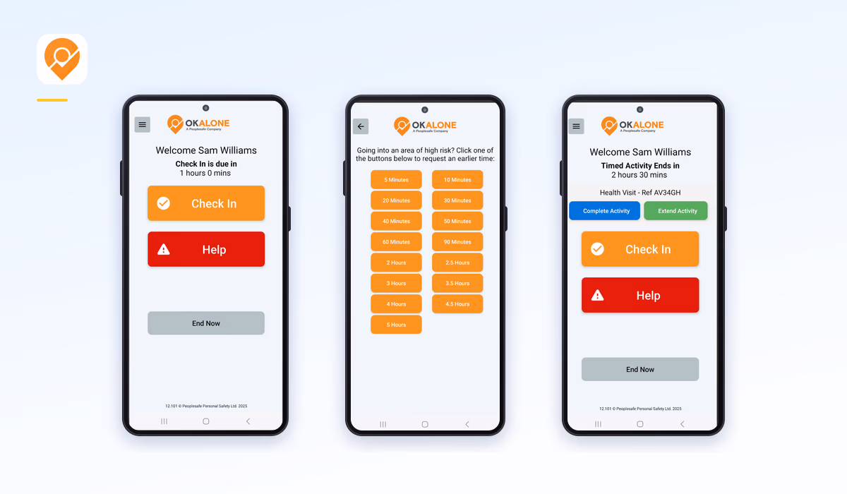 Three screens of the OK Alone lone worker app.