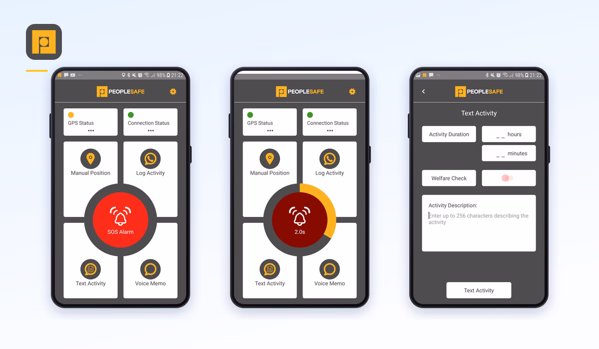 Three screens of the Peoplesafe Pro lone worker app.