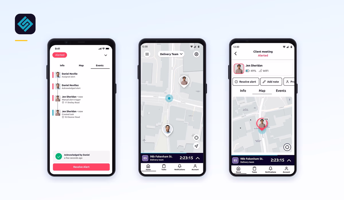 Three screens of the Safepoint lone worker app.