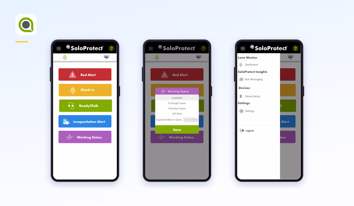 Three screens of the SoloProtect Mobile lone worker app.