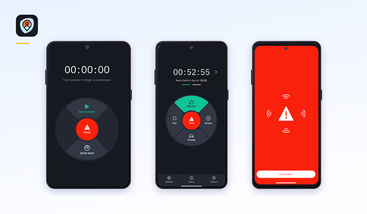 Three screens of the StaySafe lone worker app.