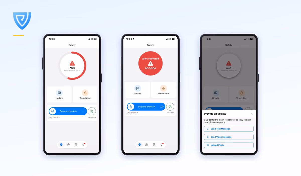 Three screens of the Vatix lone worker app: the press-and-hold alarm, an alarm running, and sending an update to alarm responders.