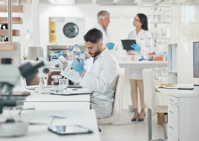 Three scientists working in laboratory