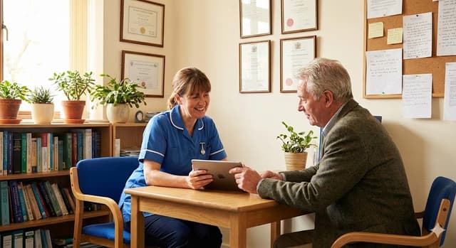 A nurse reviews care records on a tablet with an older man in a care home office