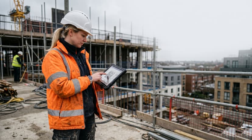 Site manager in a hard hat and hi-vis reviewing a tablet on the deck of a UK construction site