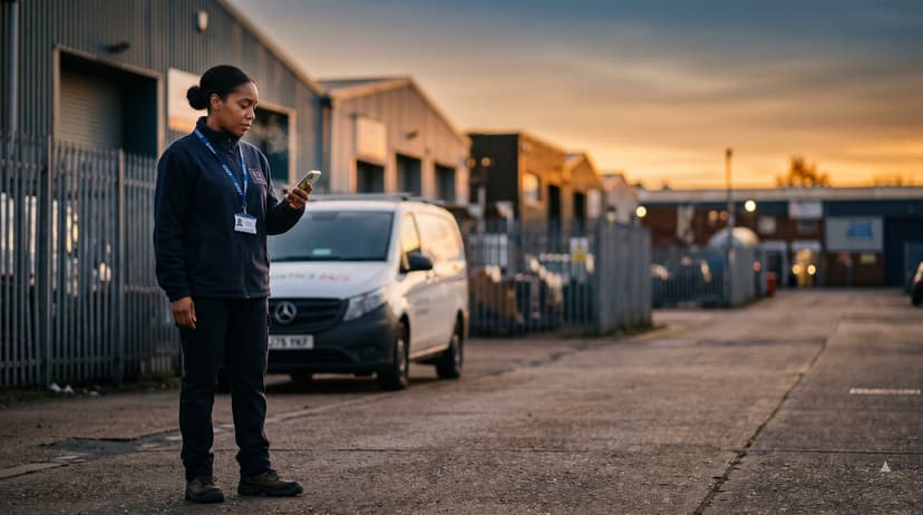 Lone field worker outside a UK industrial estate at dawn checking a phone