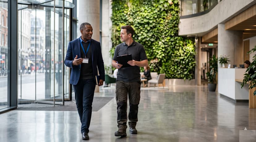 Facilities manager and a contractor mid-conversation walking through the lobby of a modern UK office building