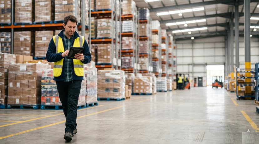 Health and safety manager in a hi-vis vest walking through a UK distribution warehouse holding a tablet