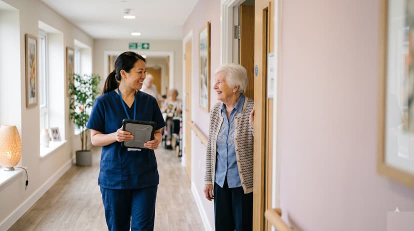 Care home nurse with a tablet talking warmly with an elderly resident in a UK care home corridor