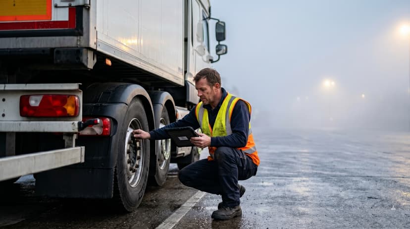 HGV driver in a hi-vis vest doing a pre-trip walk-around inspection of an articulated lorry at a UK distribution depot at dawn