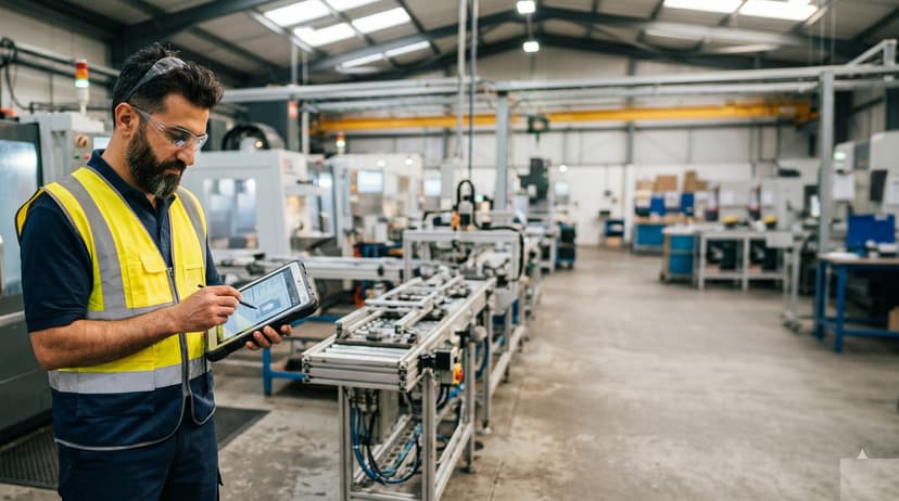 Manufacturing supervisor in safety glasses and hi-vis inspecting a precision-manufacturing line on a rugged tablet