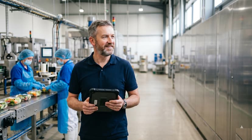 Operations leader on a UK food production line holding a rugged tablet