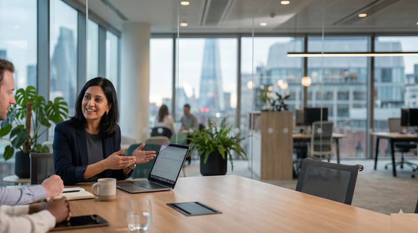 Compliance officer in a modern UK office reviewing risk with colleagues at a meeting room laptop