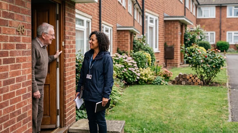Housing officer talking warmly with an elderly tenant on the doorstep of a UK social housing estate