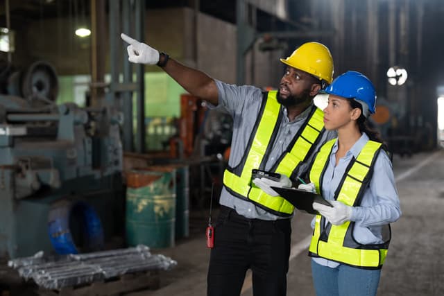 Two employees undertaking a risk assessment
