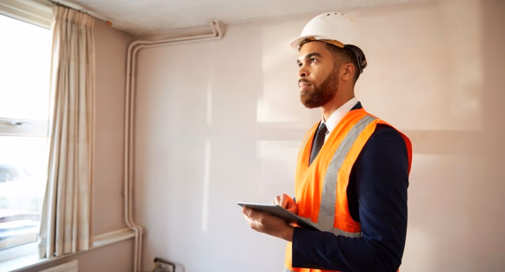 Property inspector reviewing room