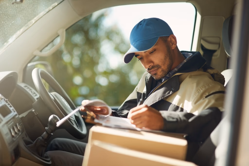 Delivery driver reading addresses while sitting in a delivery van
