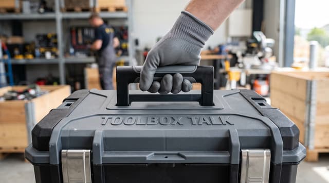 A gloved hand carrying a modern polymer toolbox with the words Toolbox Talk embossed on the front, in a workshop.