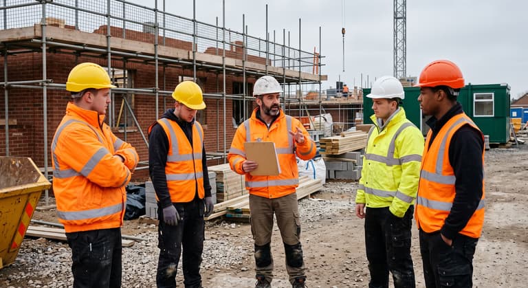 A site supervisor giving a toolbox talk to a group of construction workers in hi-vis and hard hats on a UK building site.