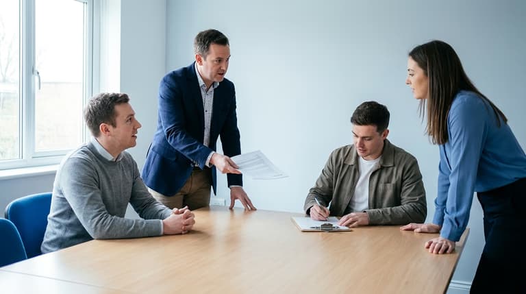 A manager handing a printed policy document across a meeting room table to a colleague, while another colleague signs an acknowledgement form on a clipboard.