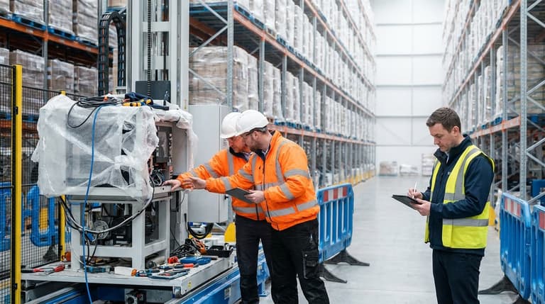 Two engineers in hi-vis and safety helmets commissioning newly installed machinery in a UK warehouse while a supervisor records notes on a tablet.