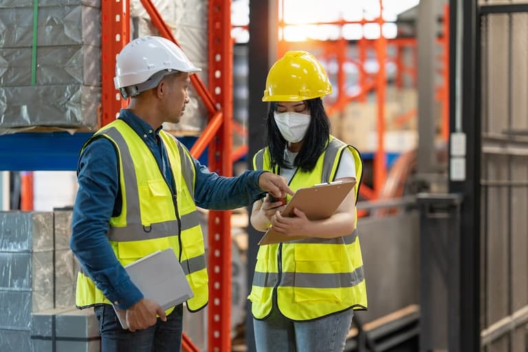 two team members discussing health and safety policy