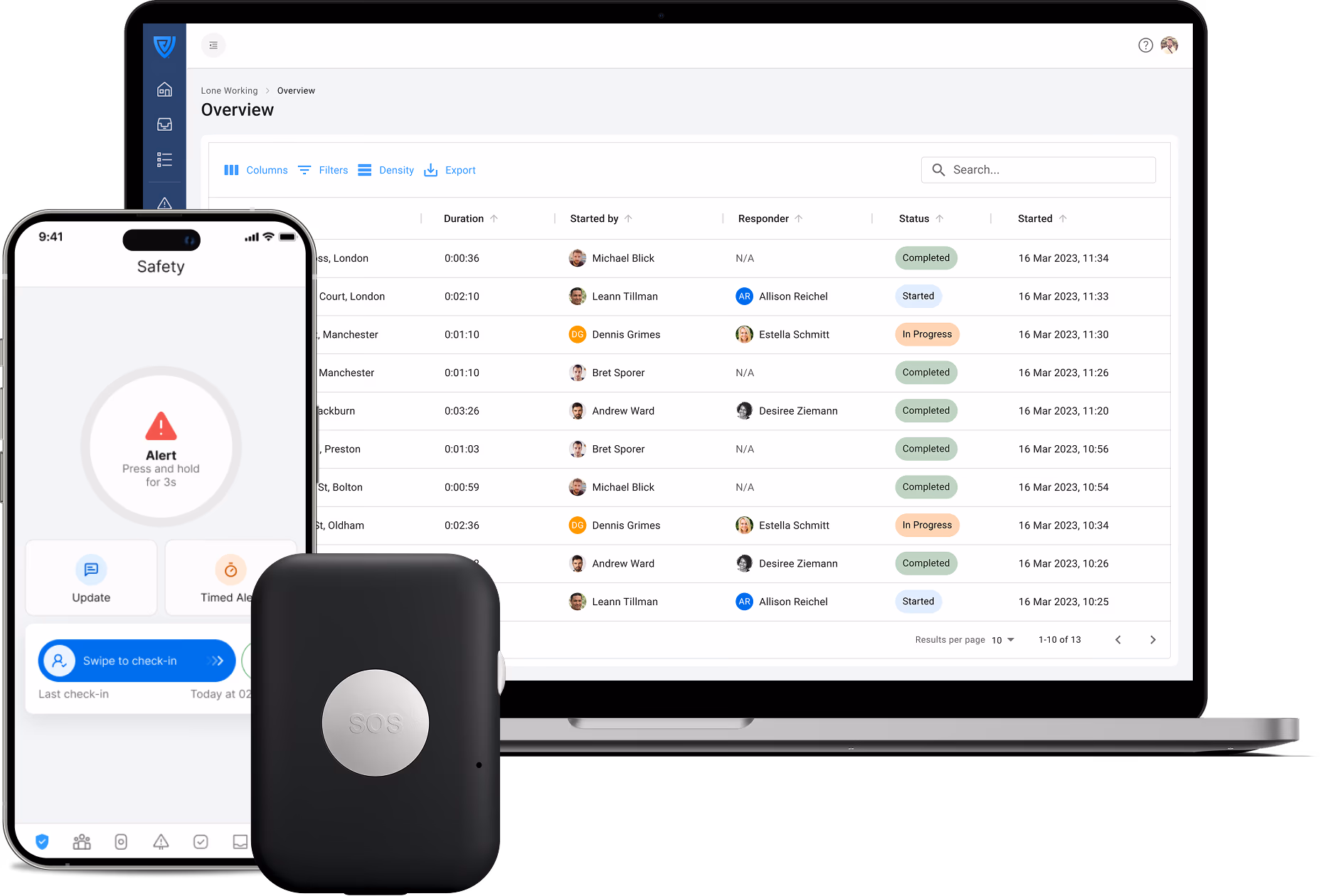 Vatix lone worker app showing SOS screen alongside the Safe Pro device
