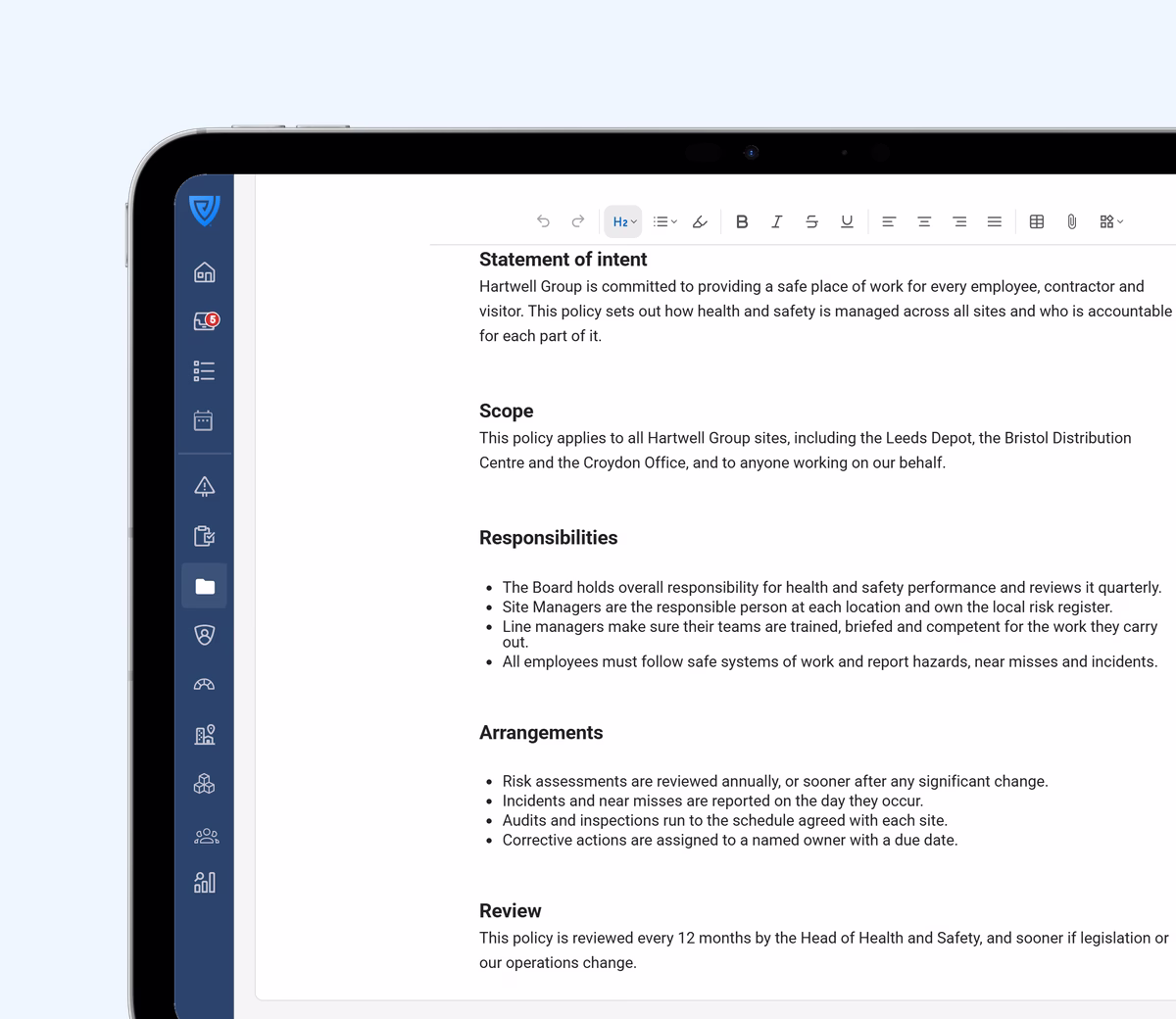 A policy open in the Vatix document editor on a tablet, with the rich text formatting toolbar above the statement of intent, scope and responsibilities.