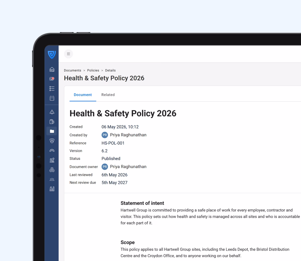 The Vatix platform on a laptop showing the document library, with folders for Policies, Procedures, Risk Assessments, Toolbox Talks, Certificates & Registers and Site Files beside the open Health & Safety Policy.