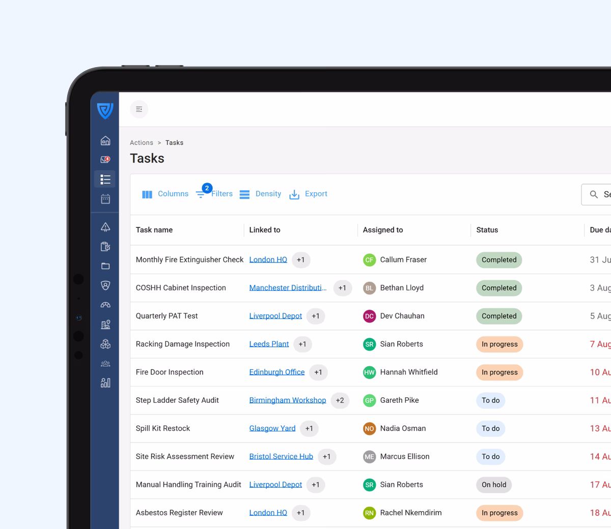 The Actions task list in the Vatix workspace on a laptop, showing inspections and checks with the record each one is linked to and the person it is assigned to.