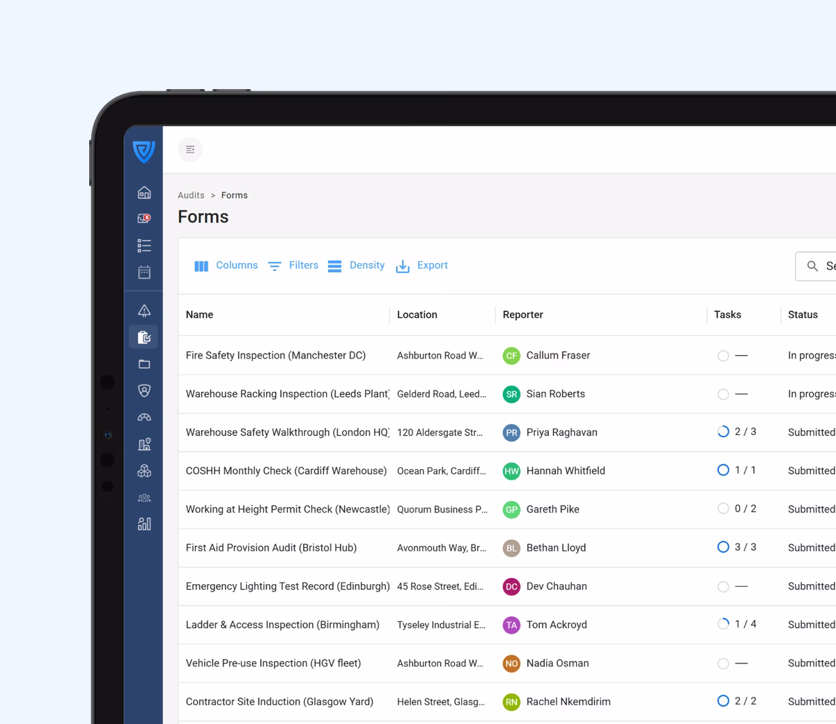 The Audits section of the Vatix workspace on a laptop, listing completed inspections and audits across sites with the location each was run at and who ran it.