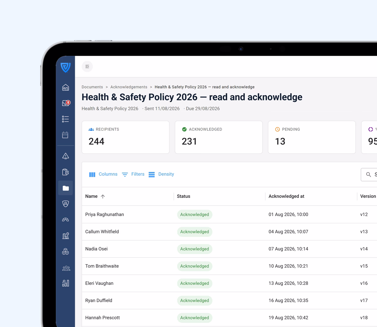 A document acknowledgement open in the Vatix workspace on a laptop: 244 recipients, 231 acknowledged and 13 pending for the Health and Safety Policy, above a table of each person and the date they acknowledged it.