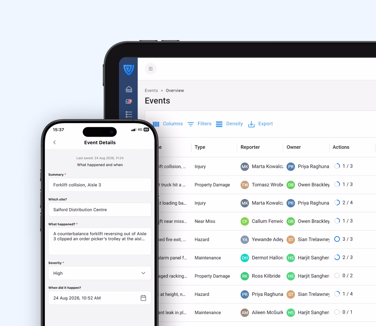 The Vatix mobile app showing the Events feed: property damage, injury, near miss, and hazard reports, each with its review stage and the date and time it was submitted.
