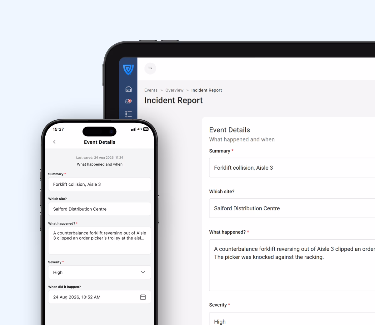 The Vatix incident report form open on a tablet, part-way through a forklift collision report, with the same report being filled in on the mobile app on a phone in front.
