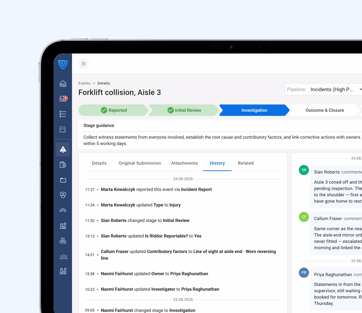 The full history of a workplace incident in the Vatix workspace on a tablet, showing a timestamped audit trail of who reported it, who changed its stage, and when.